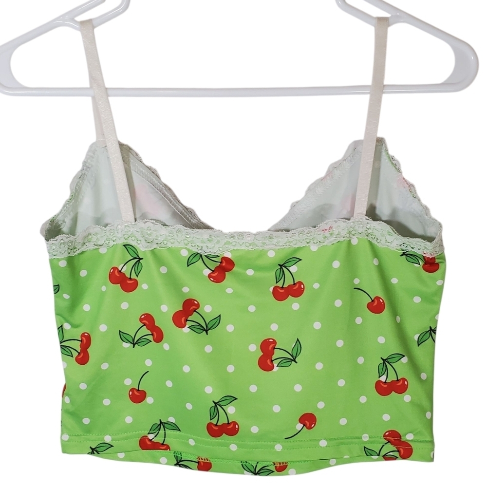 2395 * Unbranded Cherry Print Cropped Cami Tank Green Red Size Unknown - Picture 5 of 5